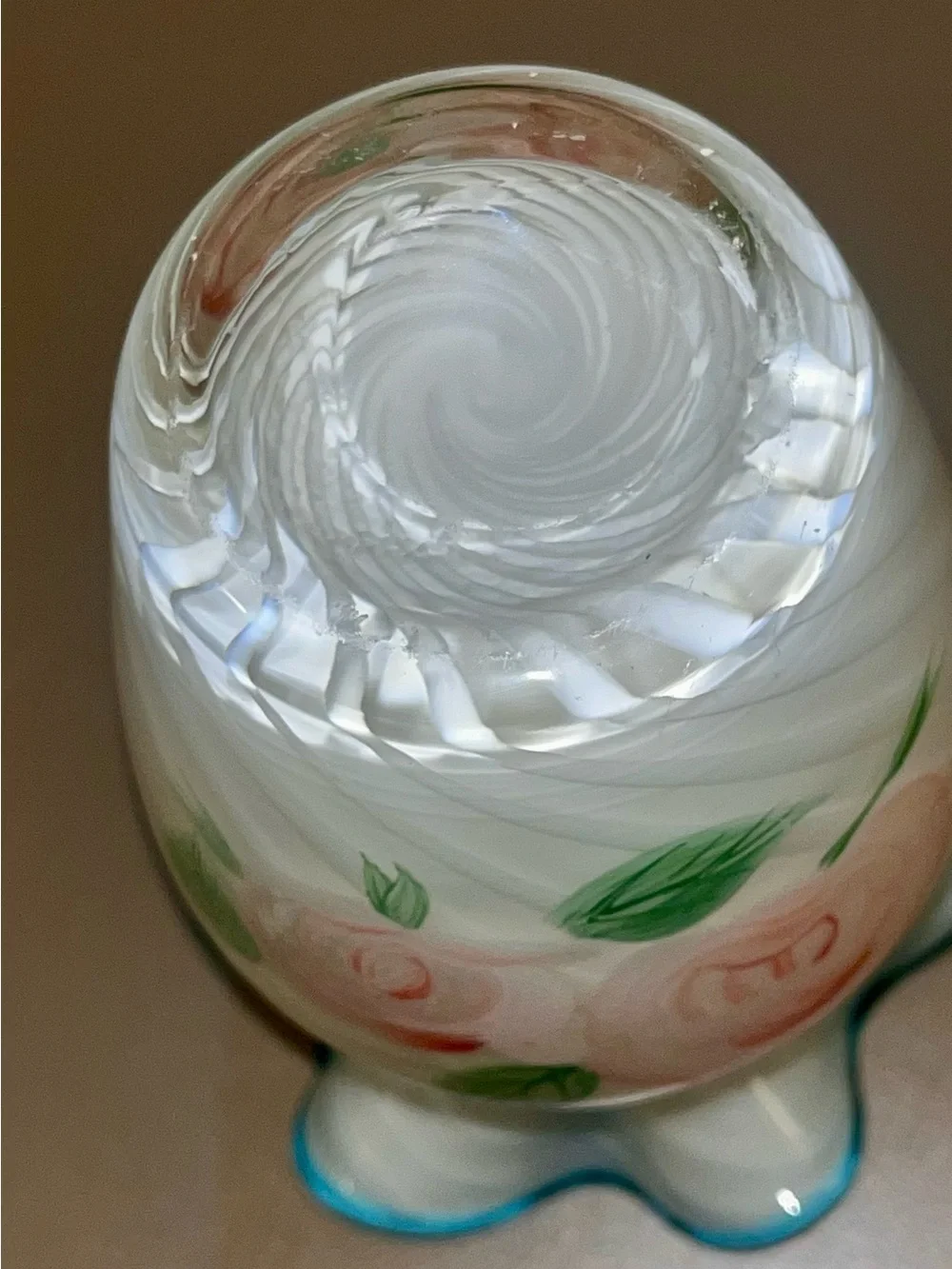 Fenton White Glass Vase with Pink Roses and Blue-Rim
